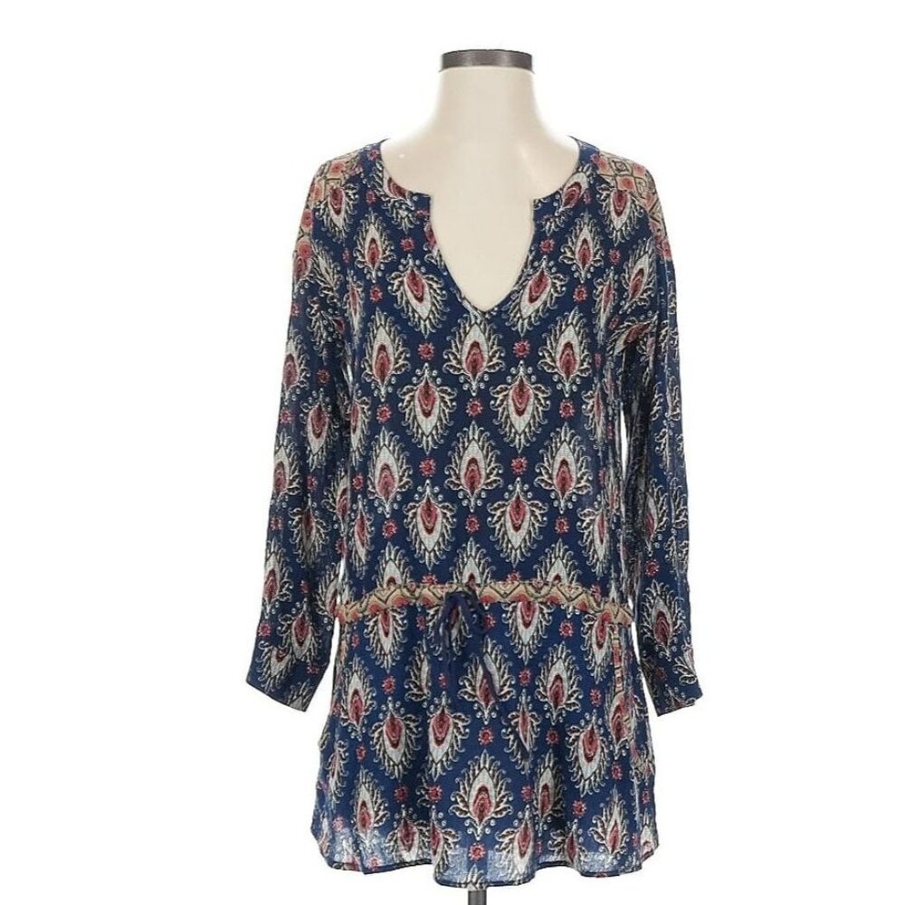 En Elly Womens Boho Tunic Dress M Blue Red Paisley Long Sleeve V-Neck